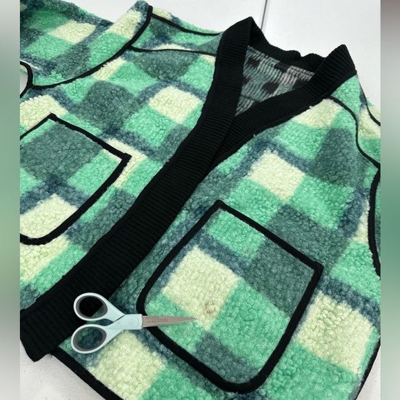 Highland Park Textured Plaid Sherpa Jacket Green Black Trim Streetwear Grunge L - Picture 10 of 10